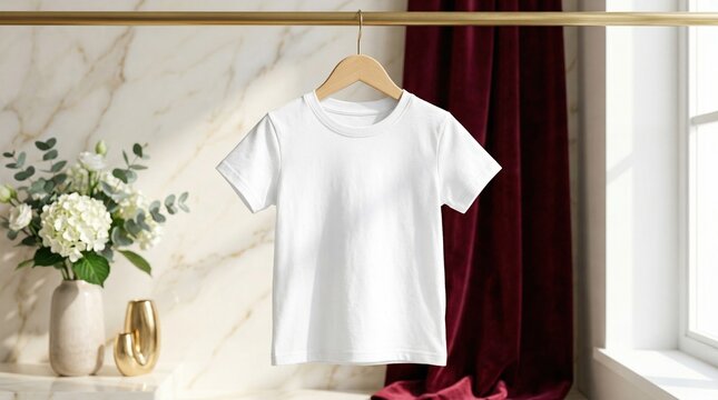 金色のポールに掛かった白い無地のTシャツのモックアップ。大理石とベルベットのカーテンを背景にした高級感のあるアパレル展示。デザイン用テンプレート