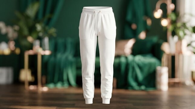 白いスウェットパンツのモックアップ。緑を基調とした室内背景に置かれた無地のジョガーパンツ
