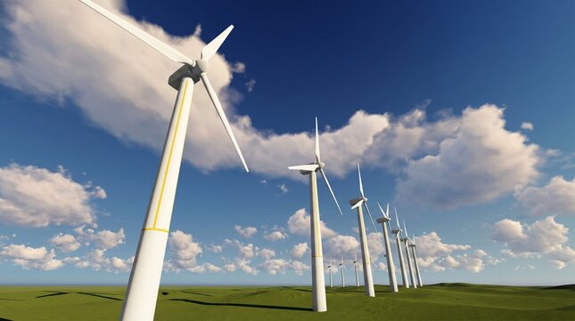 Renewable energy concept, a row of wind turbines against a vibrant blue sky with clouds, capturing the essence of sustainable power generation and environmentalism