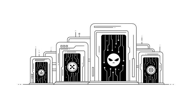 Futuristic Server Farm Illustration with Alien Head and Circuitry Symbols, Minimalist High-Tech Line Art for Sci-Fi and AI Concepts
