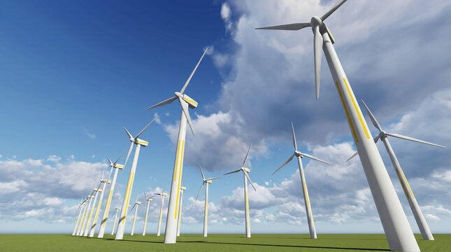 A vast wind farm with modern turbines spinning to generate clean, renewable energy across a green field under a partly cloudy sky, symbolizing a sustainable future