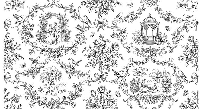Elegant Toile de Jouy floral seamless pattern with hand drawn vintage flowers retro French textile design