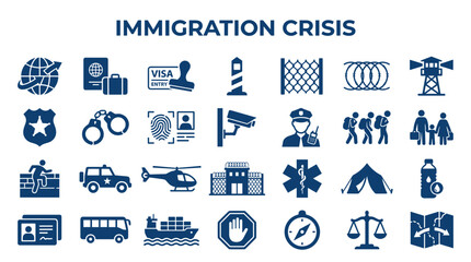 Obraz premium Immigration Crisis Icons Representing Border Control Security and Refugee Challenges