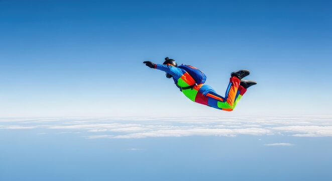 A colorful jumpsuit plunges through a vast blue atmosphere above a layer of fluffy white clouds during a high speed descent from the open sky, movement, expansive, flight