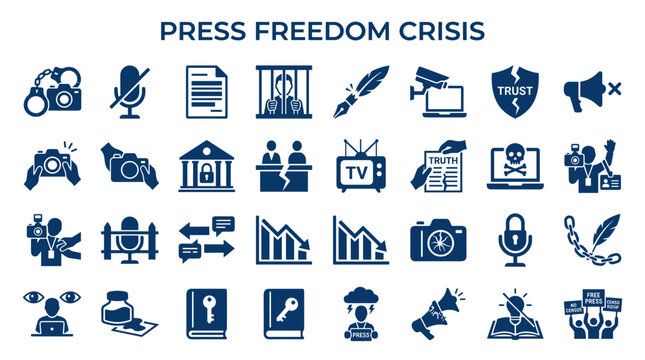 Symbolic icons represent press freedom crisis and challenges facing journalism and free speech