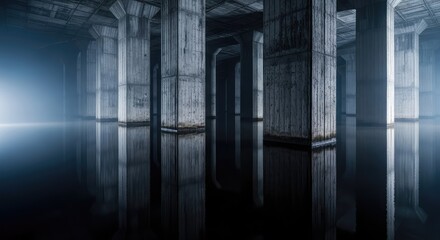 Obraz premium A derelict underground chamber features heavy concrete pillars reflected in dark standing water amidst a gloomy and humid atmosphere, atmosphere, dark, sewer