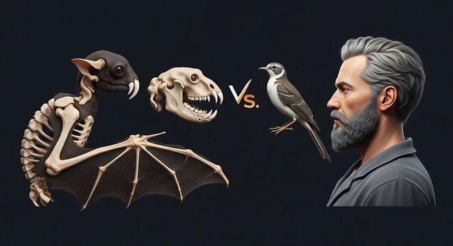 Surreal Creature Skeleton Facing Bird and Bearded Man on Dark Background