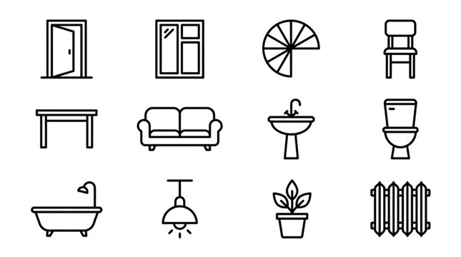 Collection of simple line art icons representing home interior elements.