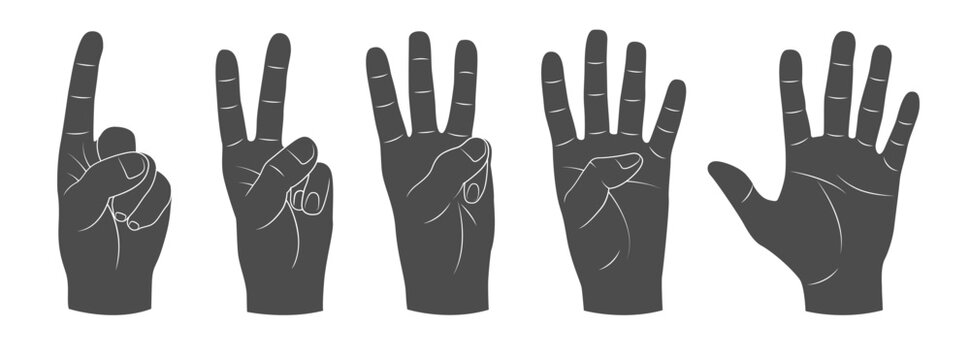 Hand Counting Gestures Set &ndash; Minimal Black Silhouette Fingers Number Signs from One to Five