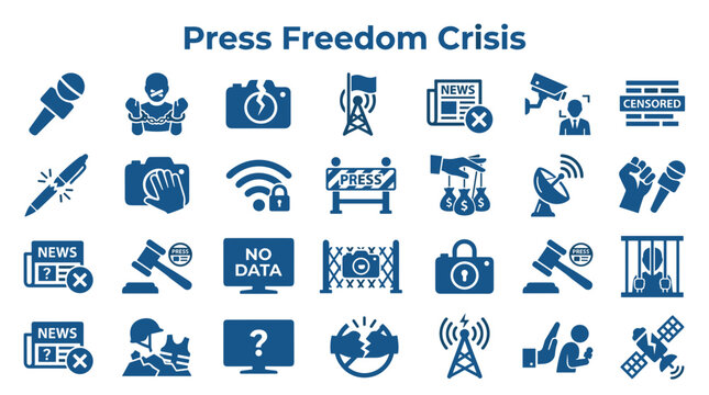 Press Freedom Crisis Icons Representing Censorship Surveillance and Media Suppression