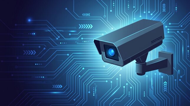 Close-up of a modern security camera with blue circuit board background and neon glow