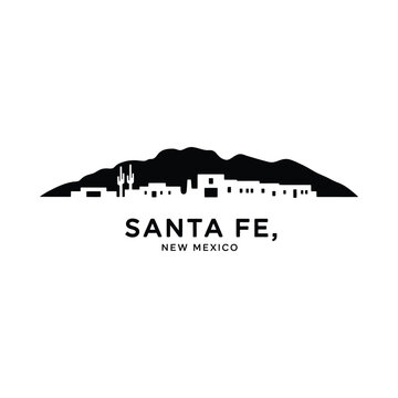 Santa Fe Skyline Silhouette with Cactus and Text on White