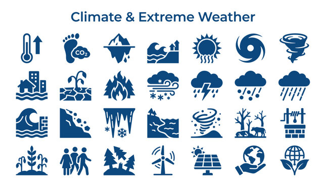 Climate Change and Extreme Weather Icons Set Representing Global Warming Environmental Issues and Natural Disasters