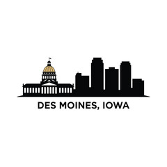 Fototapeta premium des moines iowa skyline silhouette with text on white background