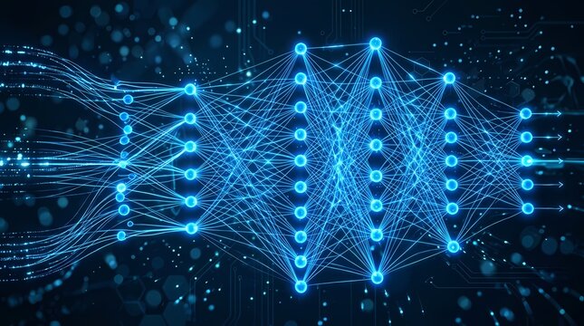 Abstract representation of artificial intelligence neural network with digital data connections.