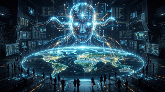 A massive glowing AI head overlooking a holographic world map in a futuristic control center filled with technicians and data screens