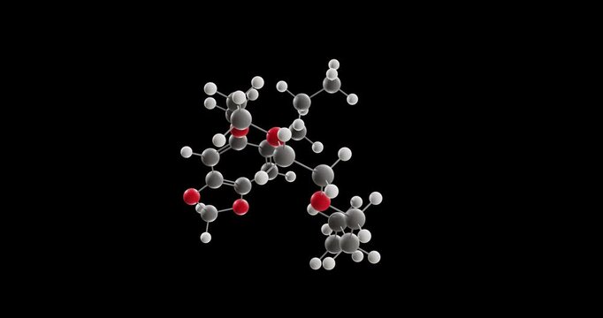Piperonyl butoxide molecule, rotating 3D model of pesticide synergist, looped video on a black background

