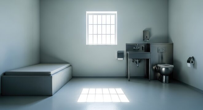 A stark minimalist prison cell features a narrow bed, a stainless steel sink, and a small barred window with light streaming onto the floor, solitary, metal, neutral