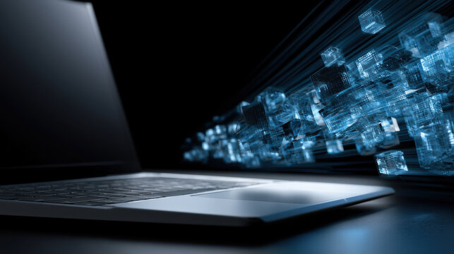 Data cube laptop technology dark abstract computer digital futuristic blue cyber data cube laptop technology dark abstract computer digital futuristic blue cyber concept shows glowing cube stream