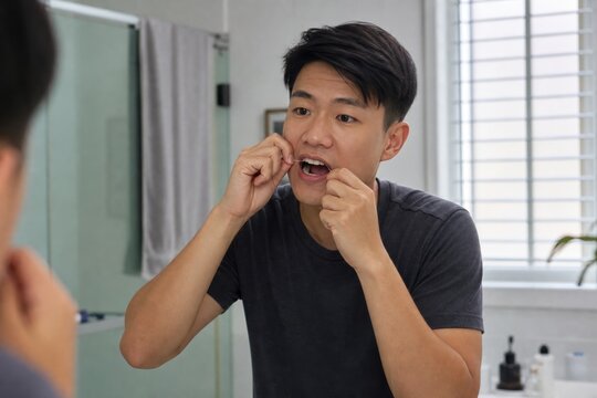 Young man cleaning ears with interdental brush in well-lit modern bathroom, close-up hygiene routine, personal care concept