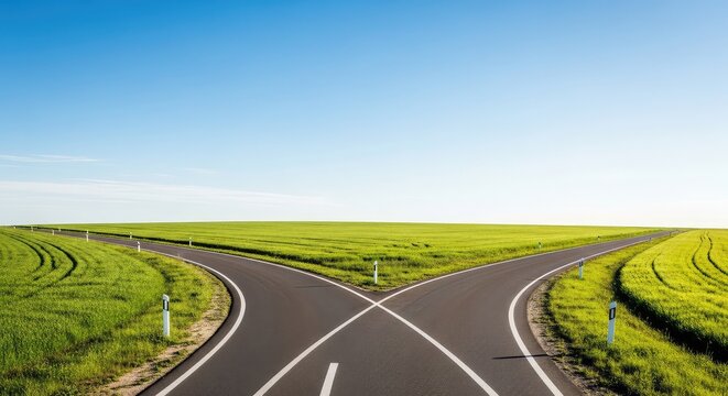 A winding asphalt road splits into two distinct paths through a vast green field under a clear sky, representing a critical life decision, direction, divide, movement
