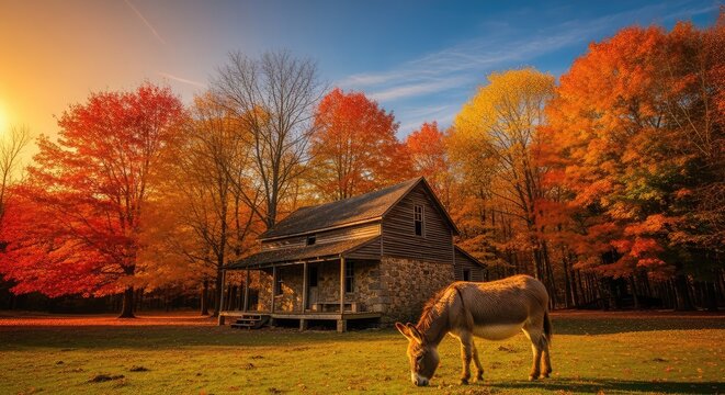 An old rustic farmhouse sits amidst vibrant autumn trees while a lone jackass grazes peacefully under a clear orange and blue sunset sky, peaceful, autumn, leaves