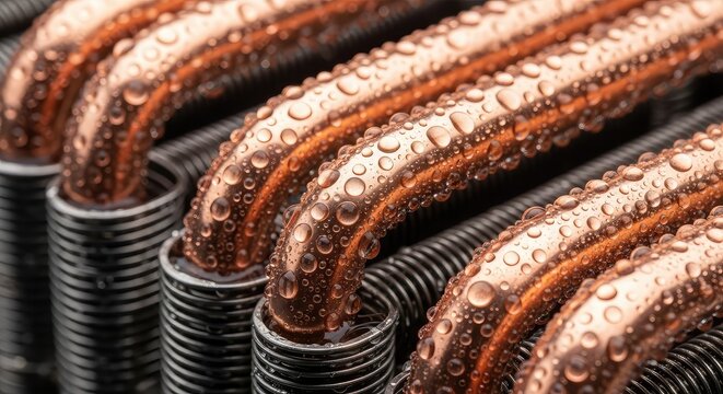 Close-up of polished copper coils with fresh condensation droplets, illustrating the efficient heat exchange in an industrial cooling unit, metal, machinery, technical