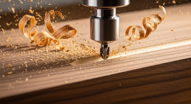 Extreme close-up of a high-speed CNC router bit carving into a solid wood block, producing a spray of flying sawdust and timber shavings, equipment, technical, automation