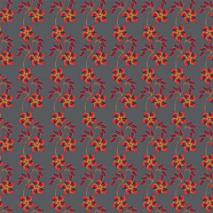 Obraz premium Seamless floral pattern, liberty ditsy print with a romantic delicate meadow. Cute botanical design with simple plants: small hand drawn pink flowers, tiny leaves on a white background. Vector. 