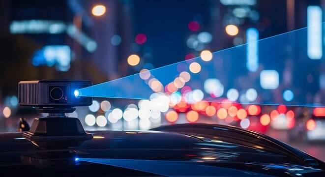 Modern dash cam recording city traffic at night
