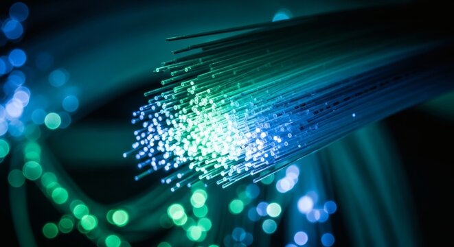 Abstract Fiber Optic Lights with Glowing Blue and Green Bokeh