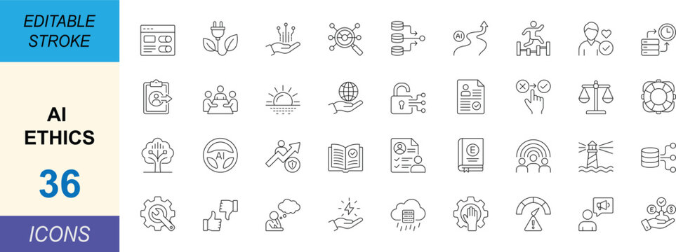 AI ethics icon set in clean minimal line style, modern vector collection for responsible technology, privacy, security, governance and compliance systems