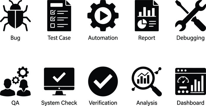 Software Testing Icons: Bug, Test, Automation, QA, Dashboard