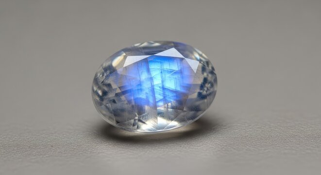 Radiant oval moonstone displaying a mystical blue adularescence, reflecting a soft pearly shimmer as it catches light on a neutral surface, feldspar, pearly, luxury