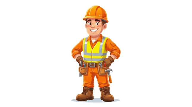 A cartoon construction worker wearing an orange jumpsuit and safety vest standing confidently with tools in hand against a plain white background.