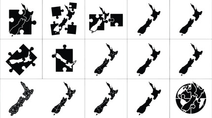 Silhouetten von Neuseeland als Puzzleteile und auf einer Weltkarte, die die geografische Lage darstellen. © Muhammad