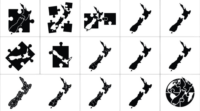 Silhouetten von Neuseeland als Puzzleteile und auf einer Weltkarte, die die geografische Lage darstellen.