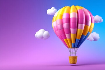 Naklejka premium Colorful 3D Hot Air Balloon Floating in a Dreamy Pastel Sky with Soft Clouds