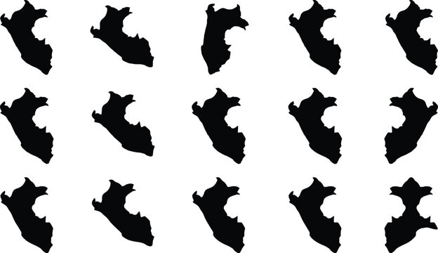 Mehrere schwarze Silhouetten der Landkarte von Peru auf wei&szlig;em Hintergrund, in verschiedenen Ausrichtungen dargestellt.