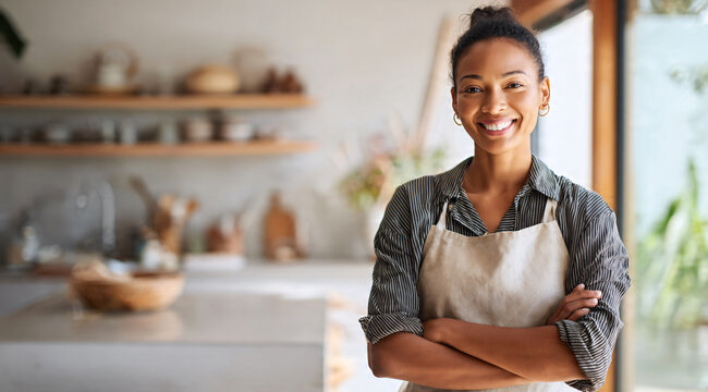Smiling housewife wearing a clean apron standing confidently in a modern kitchen, expressing warmth and contentment in a natural lifestyle moment.