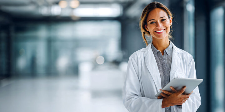 Smiling female doctor in a white coat standing in a modern clinic office, holding a digital tablet Professional healthcare worker with approachable. 