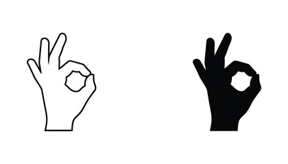Obraz premium Hand gesture okay sign icon set in black and white line art and solid silhouette style for positive feedback and approval communication