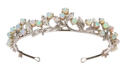 Ornate silver tiara with opal berries and leaf motifs, isolated on transparent background © Emilija
