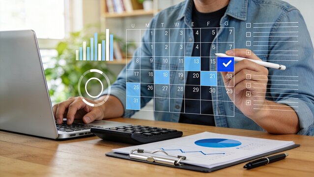 Businessman using laptop and digital calendar with charts for financial planning and project management in modern office workspace