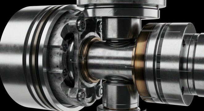 Close-up of a complex automotive universal joint mechanism with polished metal components and intricate details.