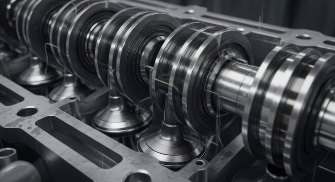 Close-up of a complex engine camshaft and valve system in a mechanical workshop.