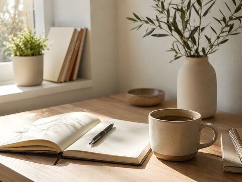 Cozy morning workspace with coffee cup and notebook