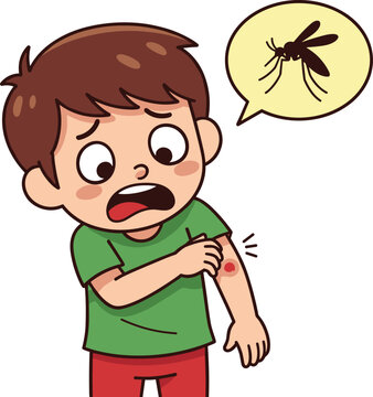 Scared Boy Scratching Mosquito Bite on Arm with Mosquito in Speech Bubble Showing Insect Sting Reaction in Kids Health Scene
