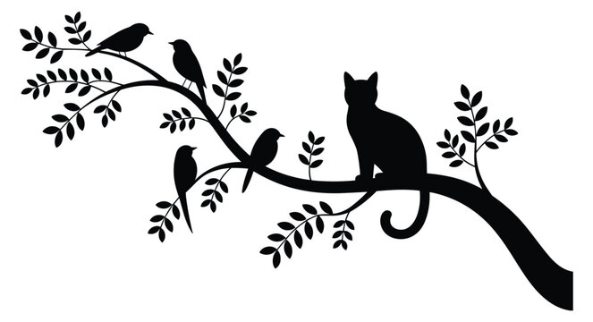 Cat Silhouette on Branch, Black silhouette of a cat sitting on a leafy tree branch with four small birds perched on the twigs against a white background