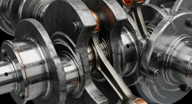 Close-up of a complex industrial engine crankshaft mechanism with connecting rods.